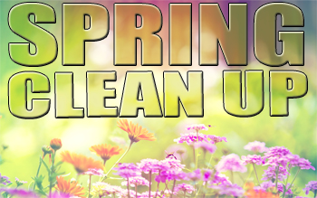 Spring Clean Up superimposed over picture of Blurry meadow with flowers and bees in foreground.